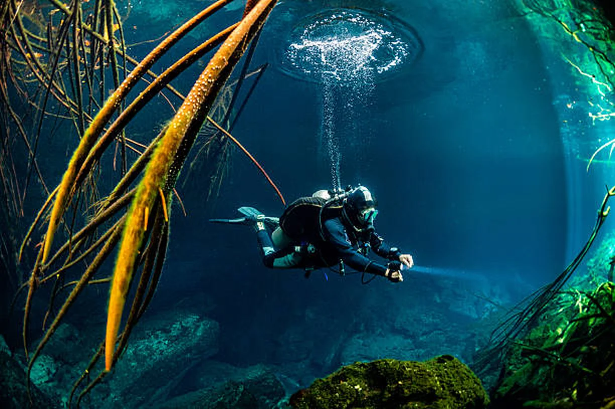 Diver navigating a flooded cave system
